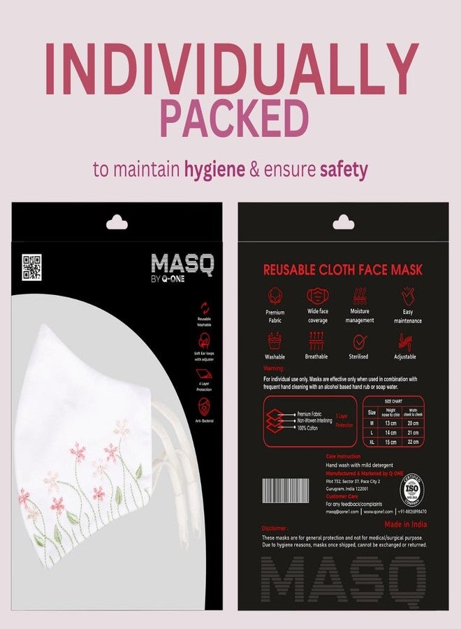 MASQ Embroidered 4-Layer Premium 100% Pure Cotton Cloth Mask, Anti-Pollution,Filteration Efficiency (BFE)>99%, Reusable & Adjustable, Pack of 3 (Floral Bunch Combo_03) - Image 3