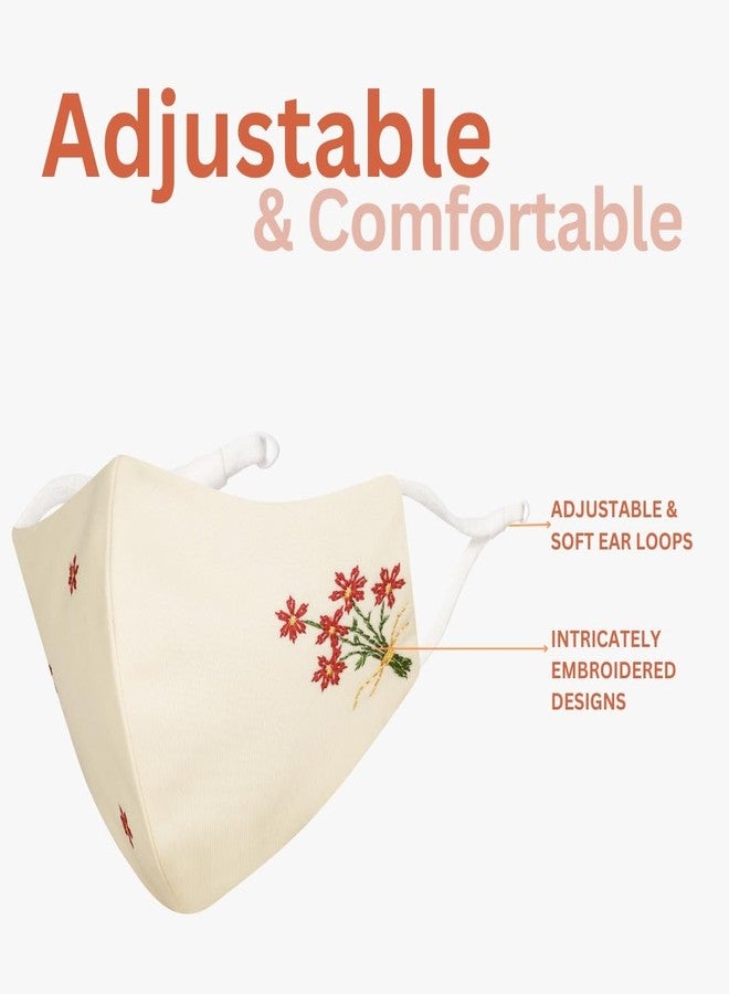 MASQ Embroidered 4-Layer Premium 100% Pure Cotton Cloth Mask, Anti-Pollution,Filteration Efficiency (BFE)>99%, Reusable & Adjustable, Pack of 3 (Floral Bunch Combo_03) - Image 4
