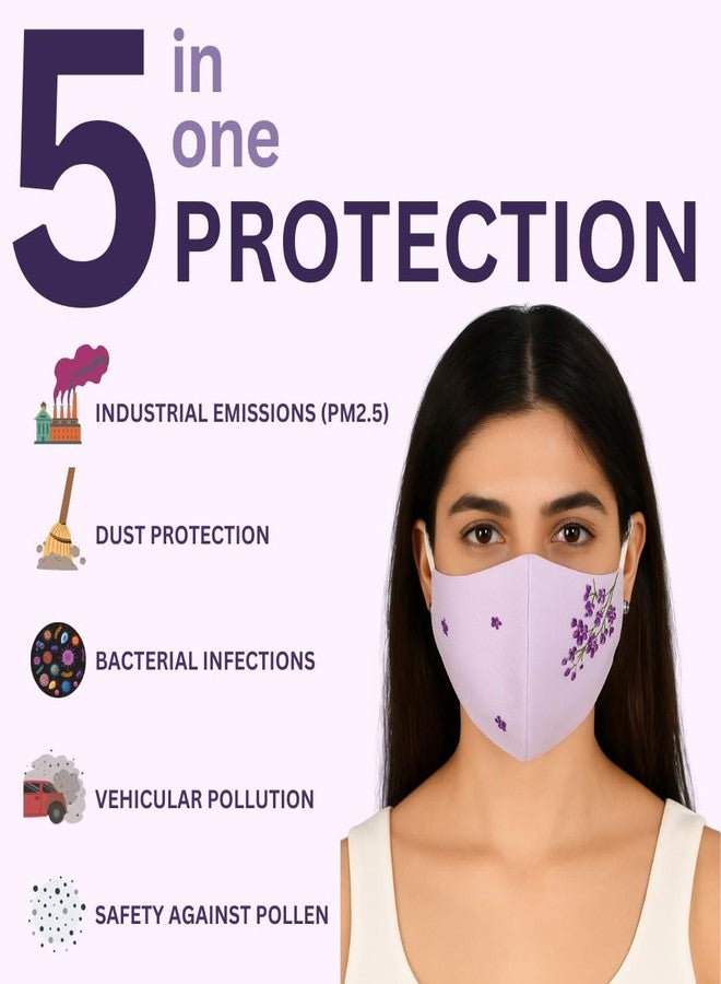 MASQ Embroidered 4-Layer Premium 100% Pure Cotton Cloth Mask, Anti-Pollution,Filteration Efficiency (BFE)>99%, Reusable & Adjustable, Pack of 3 (Floral Bunch Combo_03) - Image 5