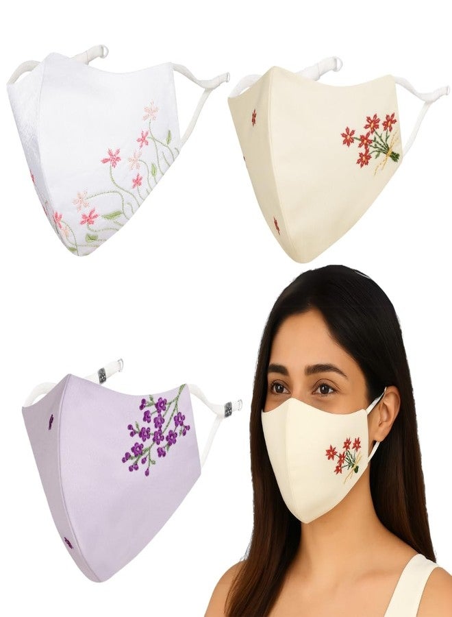 MASQ Embroidered 4-Layer Premium 100% Pure Cotton Cloth Mask, Anti-Pollution,Filteration Efficiency (BFE)>99%, Reusable & Adjustable, Pack of 3 (Floral Bunch Combo_03) - Image 1