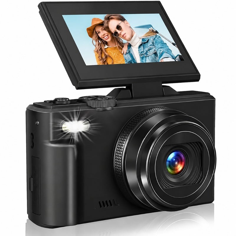 Travel camera with 18x zoom, ABS plastic body, black color, anti-shake and 180 flip screen for easy selfies and vlogging - Image 1