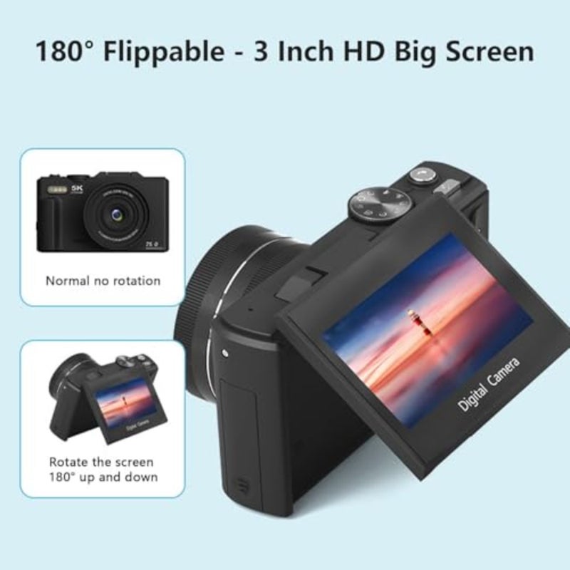 Travel camera with 18x zoom, ABS plastic body, black color, anti-shake and 180 flip screen for easy selfies and vlogging - Image 4
