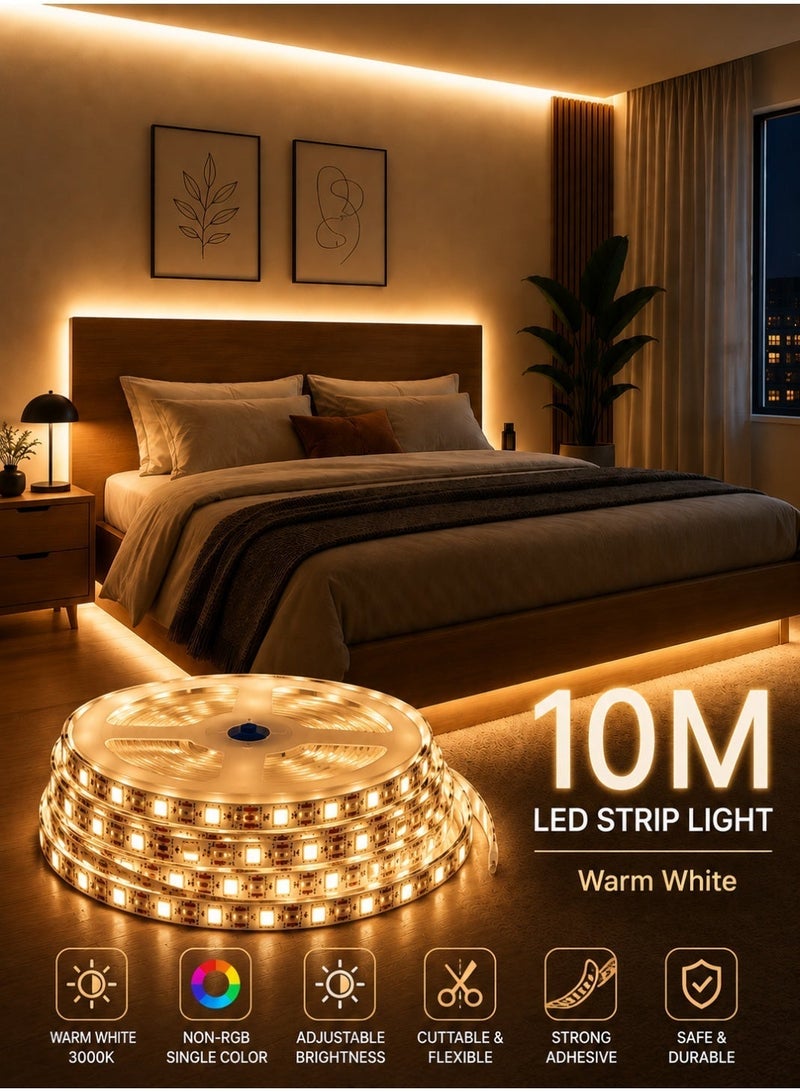 MODI 10M Warm White LED Strip Light 3000K, Flexible Cuttable Self Adhesive LED Tape Light, Non-RGB Single Color, Adjustable Brightness, Indoor Bedroom Ceiling Cabinet Decoration - Image 4
