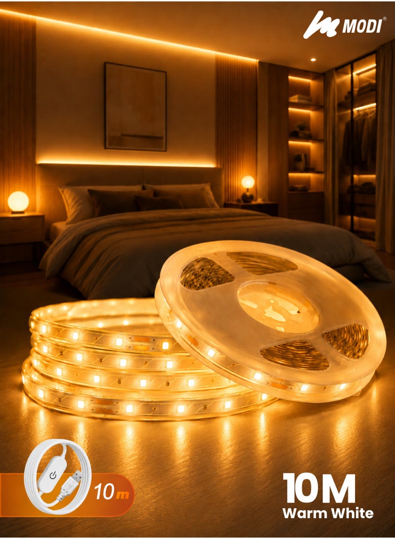 MODI 10M Warm White LED Strip Light 3000K, Flexible Cuttable Self Adhesive LED Tape Light, Non-RGB Single Color, Adjustable Brightness, Indoor Bedroom Ceiling Cabinet Decoration - Image 1