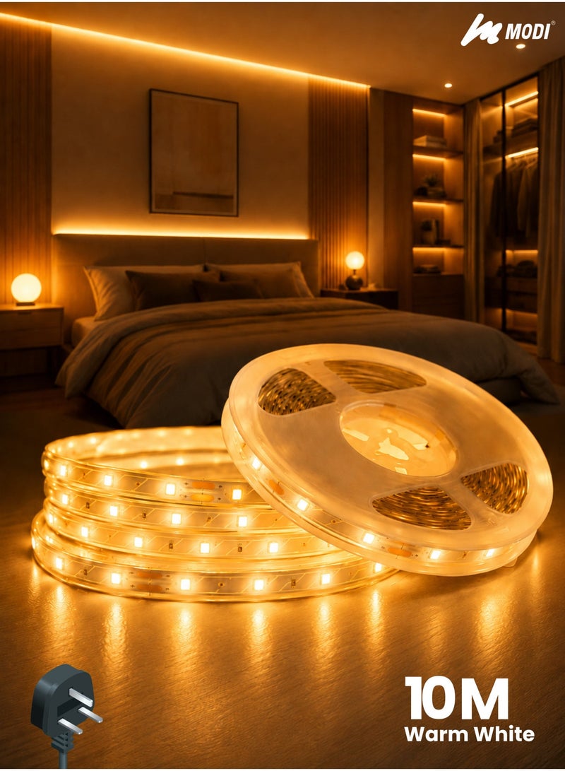 MODI 10M Warm White LED Strip Light 3000K, Flexible Cuttable Self Adhesive LED Tape Light, Non-RGB Single Color, Adjustable Brightness, Indoor Bedroom Ceiling Cabinet Decoration - Image 1