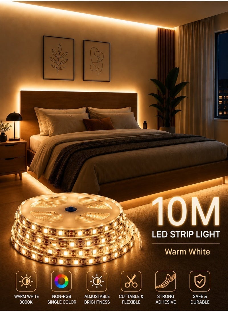 MODI 10M Warm White LED Strip Light 3000K, Flexible Cuttable Self Adhesive LED Tape Light, Non-RGB Single Color, Adjustable Brightness, Indoor Bedroom Ceiling Cabinet Decoration - Image 3