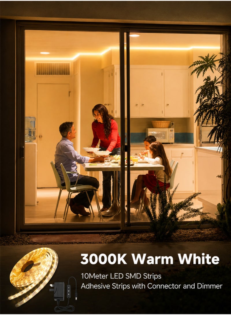 MODI 10M Warm White LED Strip Light 3000K, Flexible Cuttable Self Adhesive LED Tape Light, Non-RGB Single Color, Adjustable Brightness, Indoor Bedroom Ceiling Cabinet Decoration - Image 2