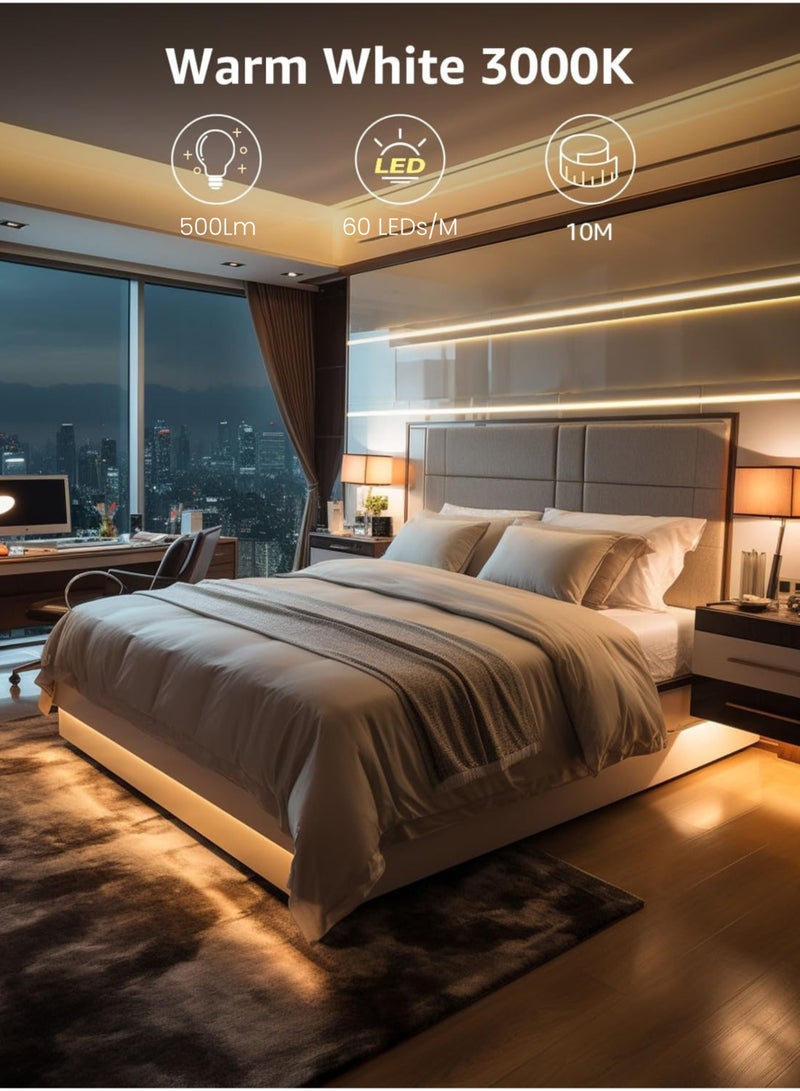MODI 10M Warm White LED Strip Light 3000K, Flexible Cuttable Self Adhesive LED Tape Light, Non-RGB Single Color, Adjustable Brightness, Indoor Bedroom Ceiling Cabinet Decoration - Image 3