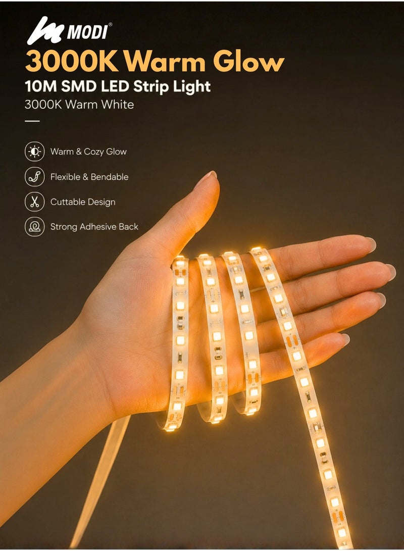 MODI 10M Warm White LED Strip Light 3000K, Flexible Cuttable Self Adhesive LED Tape Light, Non-RGB Single Color, Adjustable Brightness, Indoor Bedroom Ceiling Cabinet Decoration - Image 4