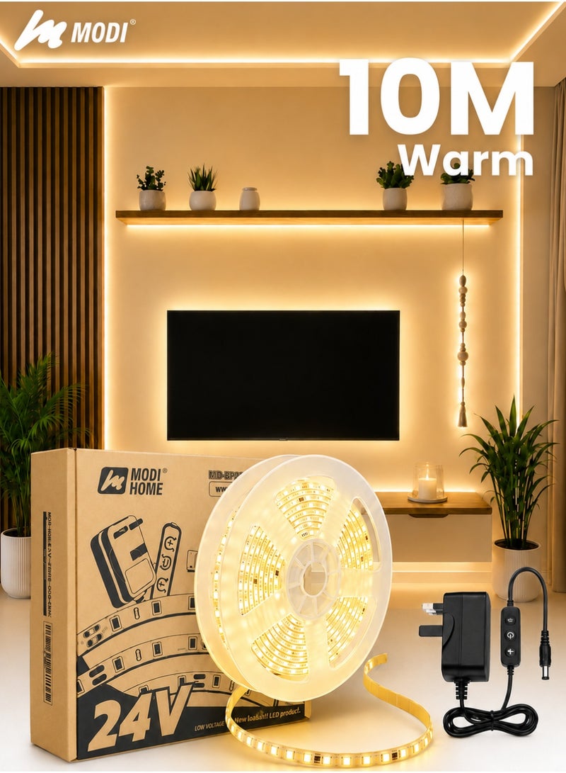 MODI 10M Warm White LED Strip Light 3000K, Flexible Cuttable Self Adhesive LED Tape Light, Non-RGB Single Color, Adjustable Brightness, Indoor Bedroom Ceiling Cabinet Decoration - Image 1