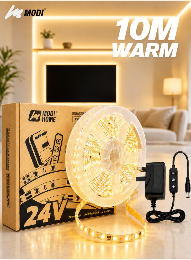 MODI 10M Warm White LED Strip Light 3000K, Flexible Cuttable Self Adhesive LED Tape Light, Non-RGB Single Color, Adjustable Brightness, Indoor Bedroom Ceiling Cabinet Decoration - Image 1