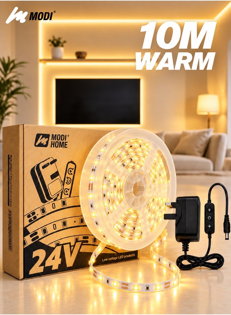 مودي شريط إضاءة LED أبيض دافئ بطول 10 أمتار، 3000 كلفن، شريط إضاءة LED مرن قابل للقص واللصق الذاتي، لون واحد غير RGB، سطوع قابل للتعديل، مناسب لتزيين غرف النوم والأسقف والخزائن الداخلية - Image 1