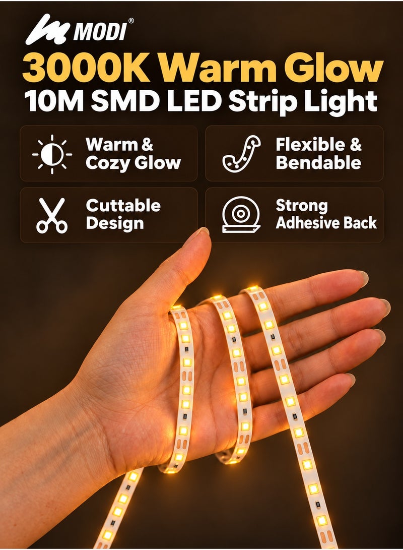 مودي شريط إضاءة LED أبيض دافئ بطول 10 أمتار، 3000 كلفن، شريط إضاءة LED مرن قابل للقص واللصق الذاتي، لون واحد غير RGB، سطوع قابل للتعديل، مناسب لتزيين غرف النوم والأسقف والخزائن الداخلية - Image 4