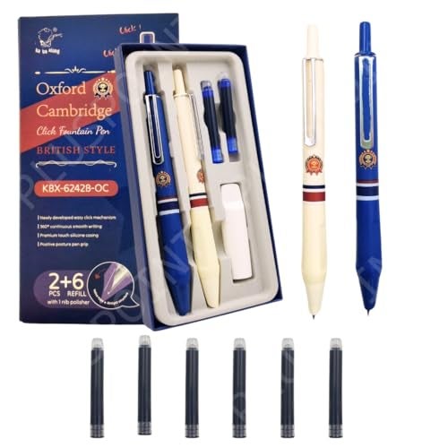 PLUSPOINT Fountain Pen for Students Iridium Tip Nib Refillable Click Fountain Pen Set(2 Pcs)with 6 Ink Refills Kawaii Stationery Gift for Kids|Perfect for Office and School Use(Oxford pen),Blue - Image 1