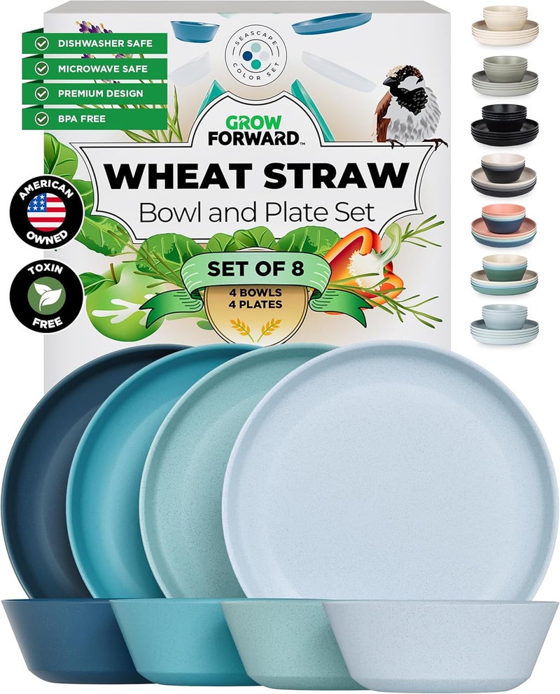 Grow Forward Premium Wheat Straw Plates and Bowls Sets - 8-Piece Wheat Straw Dinnerware Sets - Unbreakable & Reusable Microwave Safe Plastic Dinner Plates for Outdoors, RV, Camping Dishes - Seascape - Image 1