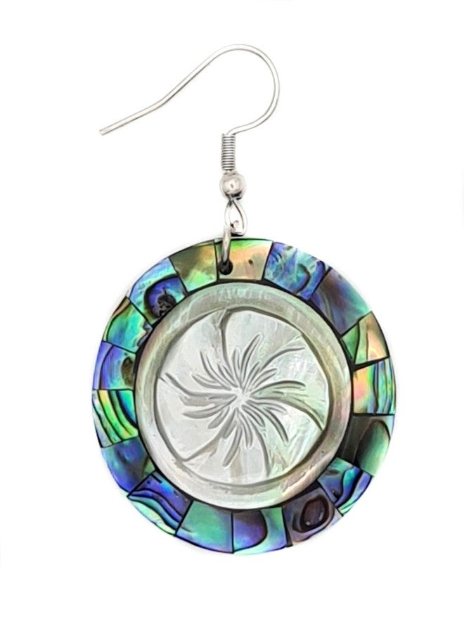 Swimmi Paua Abalone Shell Earrings, Hand Carved Flower Mother of Pearl Earrings, Dangle Drop Round Abalone Shell Earrings for Women Jewelry CA138 - Image 3