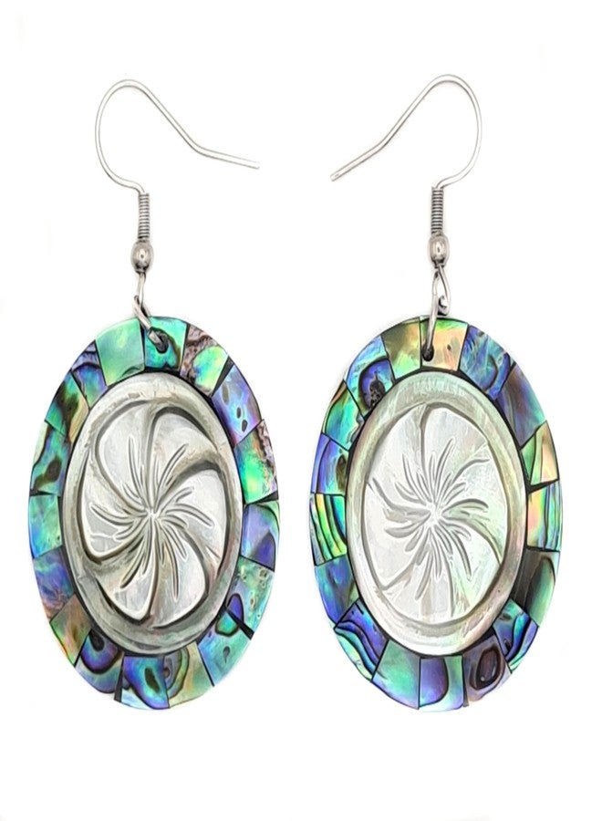 Swimmi Paua Abalone Shell Earrings, Hand Carved Flower Mother of Pearl Earrings, Dangle Drop Round Abalone Shell Earrings for Women Jewelry CA138 - Image 1