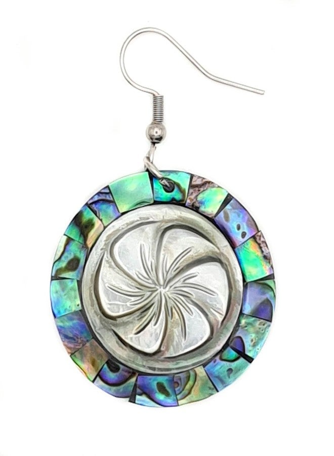 Swimmi Paua Abalone Shell Earrings, Hand Carved Flower Mother of Pearl Earrings, Dangle Drop Round Abalone Shell Earrings for Women Jewelry CA138 - Image 2