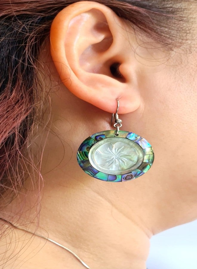 Swimmi Paua Abalone Shell Earrings, Hand Carved Flower Mother of Pearl Earrings, Dangle Drop Round Abalone Shell Earrings for Women Jewelry CA138 - Image 4