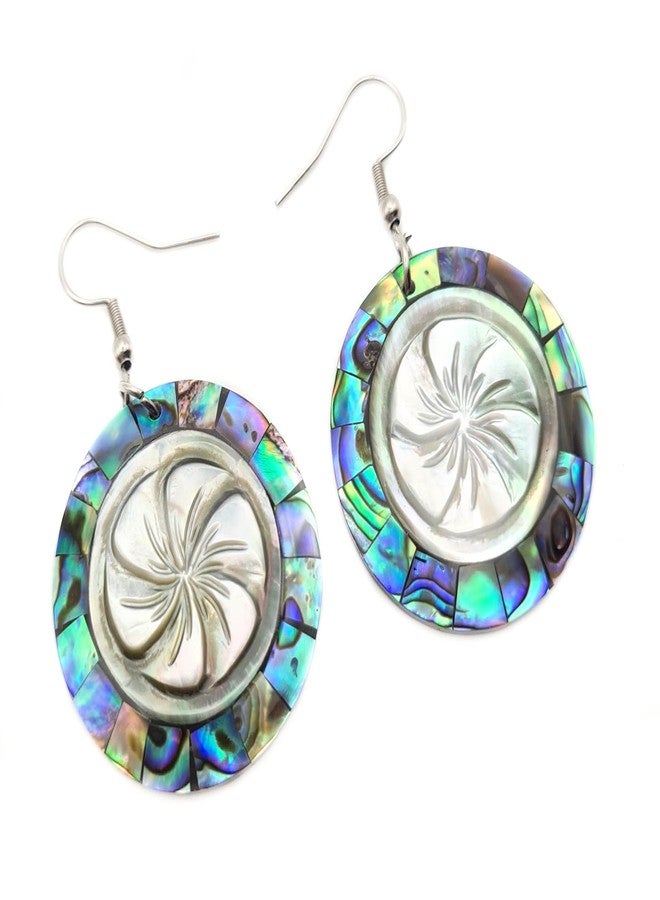 Swimmi Paua Abalone Shell Earrings, Hand Carved Flower Mother of Pearl Earrings, Dangle Drop Round Abalone Shell Earrings for Women Jewelry CA138 - Image 5