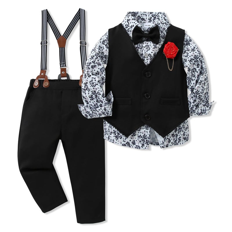 WESIDOM Toddler Dresses Suit Baby Boy Clothes Set Bowtie Shirts+Pants+Vest+Boutonniere Kids Gentleman Wedding Outfit(Black+5-6T) - Image 1
