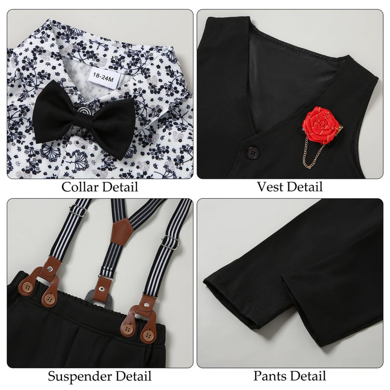 WESIDOM Toddler Dresses Suit Baby Boy Clothes Set Bowtie Shirts+Pants+Vest+Boutonniere Kids Gentleman Wedding Outfit(Black+5-6T) - Image 2