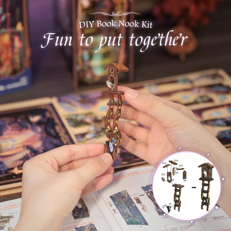 CUTEBEE Book Nook Kit - DIY Miniature House Dollhouse Kit for Adults and Teens, Booknook Tiny House Bookshelf Decor 3D Wooden Puzzle, Gifts for Family, Friends (The Grace of The Forest) - Image 5