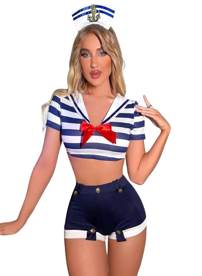 VEOSTORY lingerie sexy night dress for Unisex, Couples Sailor - White and Navy Striped Crop Top with Cap and Shorts, Suspender Design for Theme Parties Roleplay And cosplay costume (Navy Blue, L, Women) - Image 1