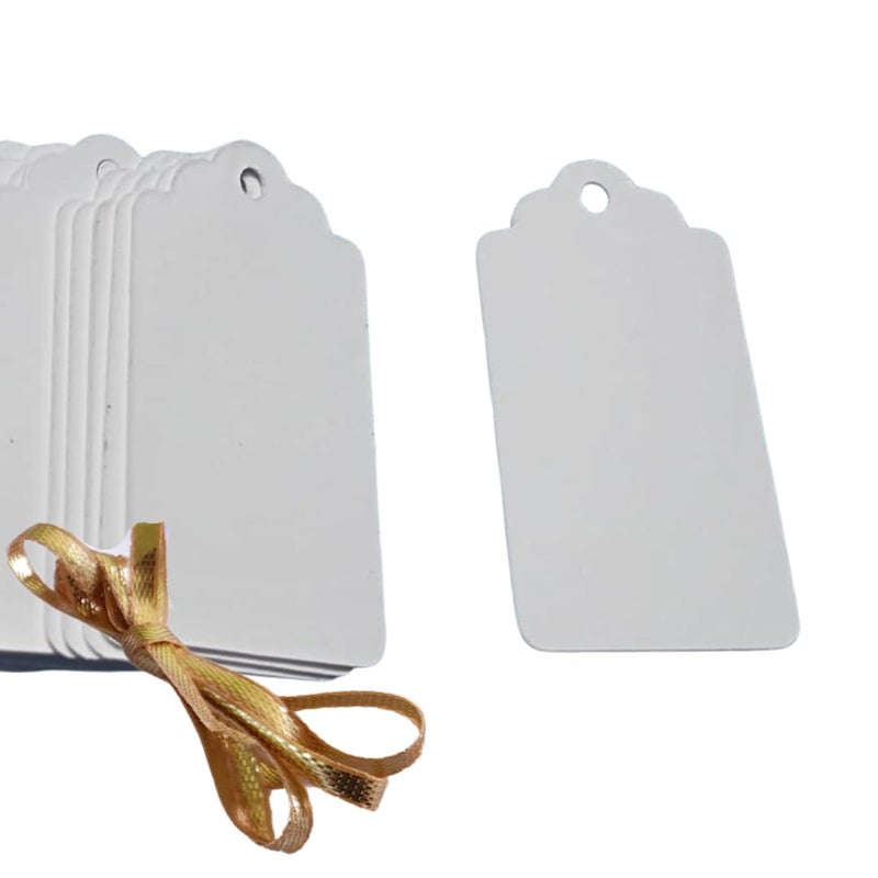 GLOBEADO White Paper Price Tags, 100 Pieces, Double-Sided, Rectangular with Gold Ribbon (scallope) - Image 2