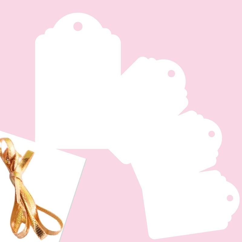 GLOBEADO White Paper Price Tags, 100 Pieces, Double-Sided, Rectangular with Gold Ribbon (scallope) - Image 1