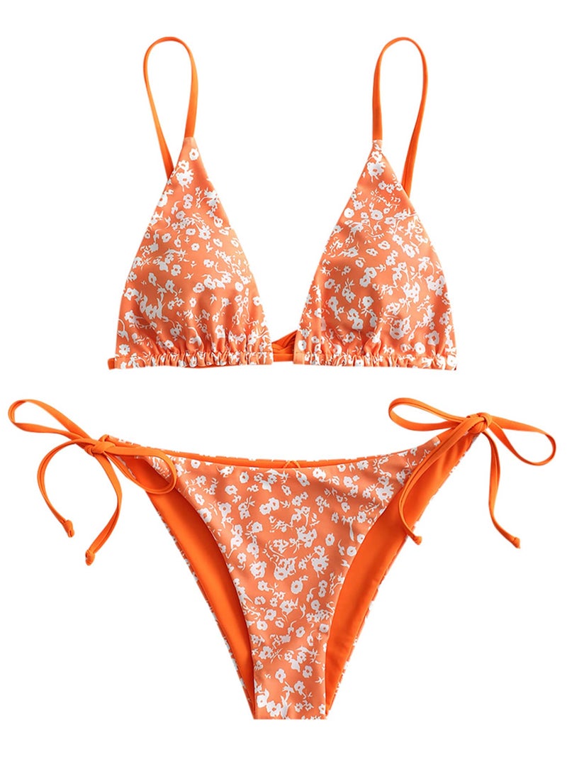 ZAFUL Women's Triangle Bikini Floral String Bikini Set Two Piece Swimsuit Bathing Suits (Pumpkin Orange, Small) - Image 1