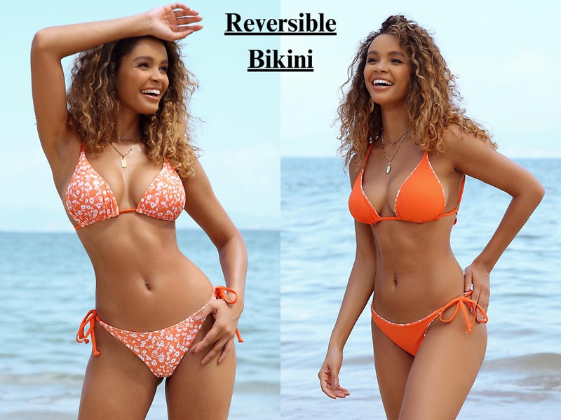 ZAFUL Women's Triangle Bikini Floral String Bikini Set Two Piece Swimsuit Bathing Suits (Pumpkin Orange, Small) - Image 3