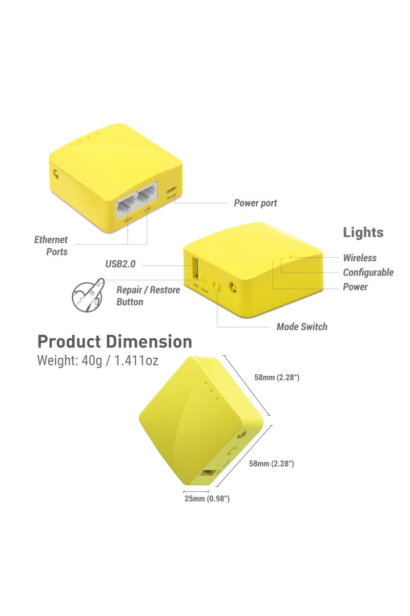 GL.iNet GL-MT300N-V2 (Mango) Portable Mini Travel Wireless Pocket VPN WiFi Router – 2× Ethernet Ports | USB 2.0 | OpenWrt | OpenVPN/Wireguard for Public & Hotel Wi-Fi | Easy to Set up via Admin Panel - Image 3