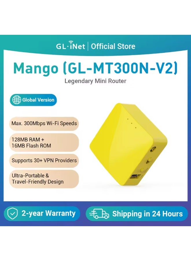 GL.iNet GL-MT300N-V2 (Mango) Portable Mini Travel Wireless Pocket VPN WiFi Router – 2× Ethernet Ports | USB 2.0 | OpenWrt | OpenVPN/Wireguard for Public & Hotel Wi-Fi | Easy to Set up via Admin Panel - Image 1