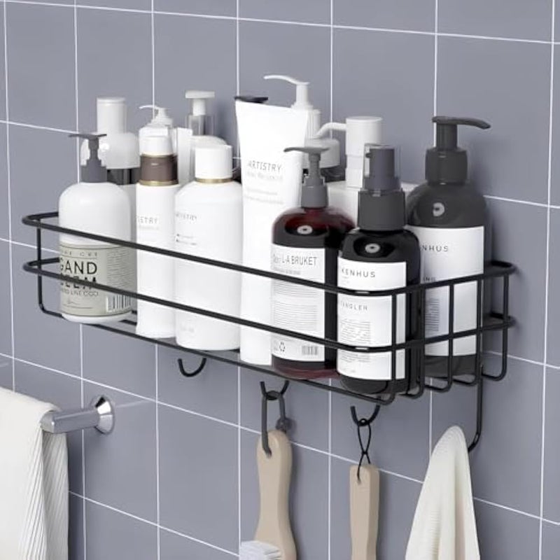 MosQuick® 1 pc Self-Adhesive Metal Bathroom Rack Rust Proof Bathroom Organiser Without Drill Premiun Bathroom Shelves Wall Mounted Shelves Kitchen Shelf Storage Rack with 4 Hooks (Black) - Image 1