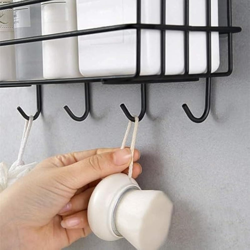 MosQuick® 1 pc Self-Adhesive Metal Bathroom Rack Rust Proof Bathroom Organiser Without Drill Premiun Bathroom Shelves Wall Mounted Shelves Kitchen Shelf Storage Rack with 4 Hooks (Black) - Image 5