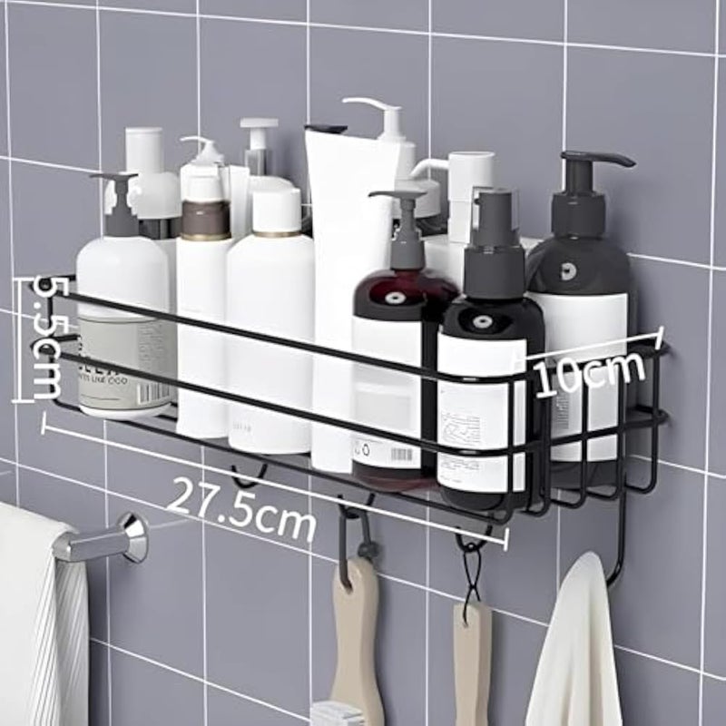 MosQuick® 1 pc Self-Adhesive Metal Bathroom Rack Rust Proof Bathroom Organiser Without Drill Premiun Bathroom Shelves Wall Mounted Shelves Kitchen Shelf Storage Rack with 4 Hooks (Black) - Image 2
