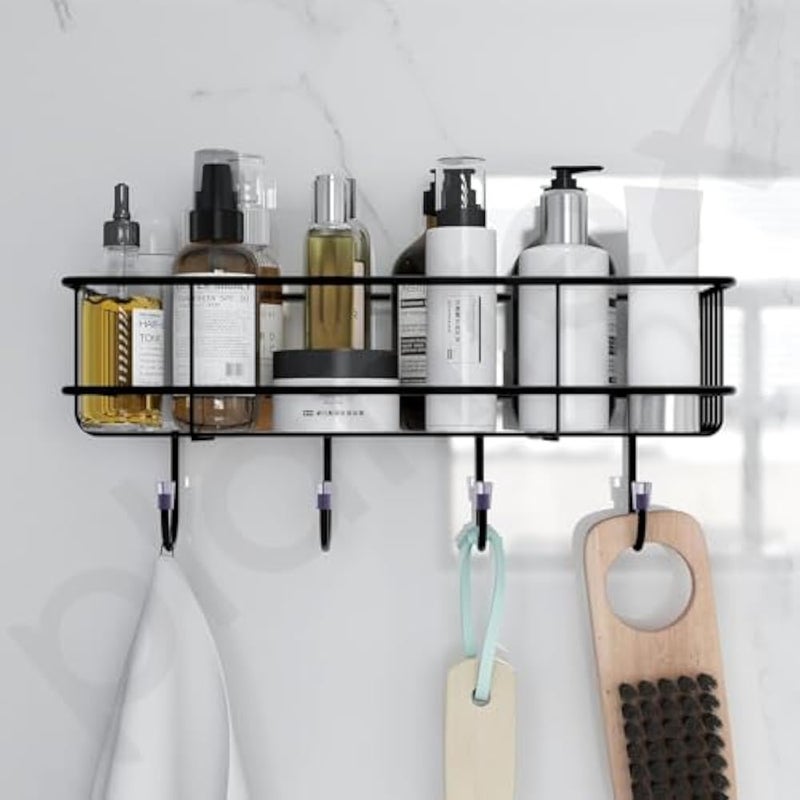 MosQuick® 1 pc Self-Adhesive Metal Bathroom Rack Rust Proof Bathroom Organiser Without Drill Premiun Bathroom Shelves Wall Mounted Shelves Kitchen Shelf Storage Rack with 4 Hooks (Black) - Image 4