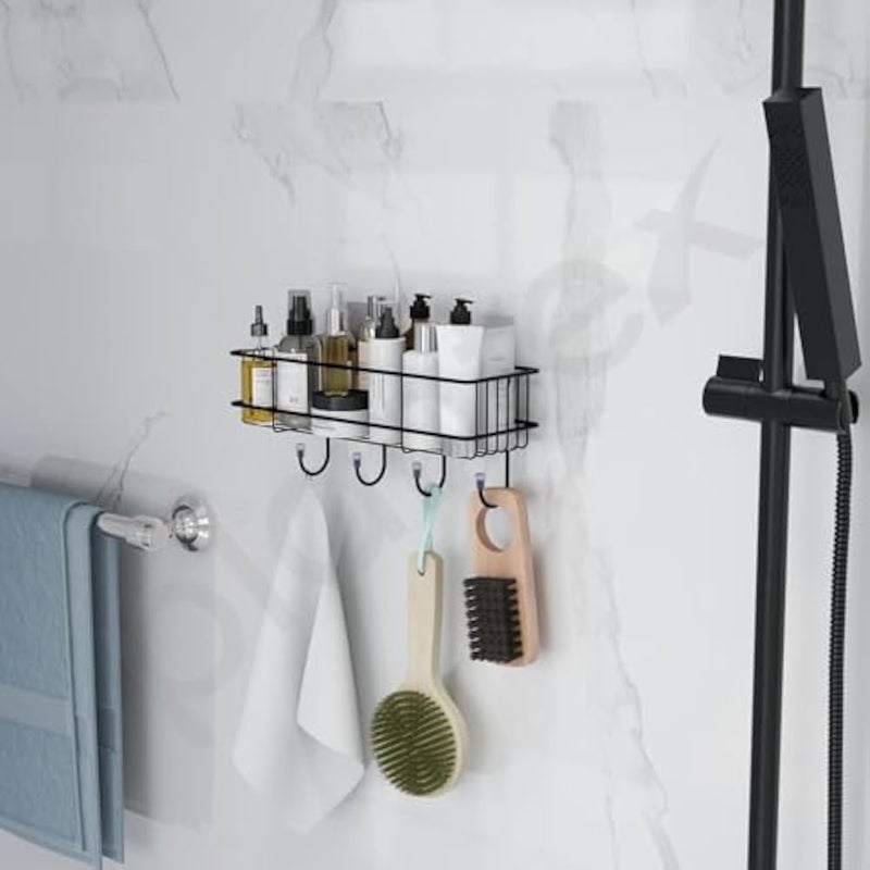 MosQuick® 1 pc Self-Adhesive Metal Bathroom Rack Rust Proof Bathroom Organiser Without Drill Premiun Bathroom Shelves Wall Mounted Shelves Kitchen Shelf Storage Rack with 4 Hooks (Black) - Image 3