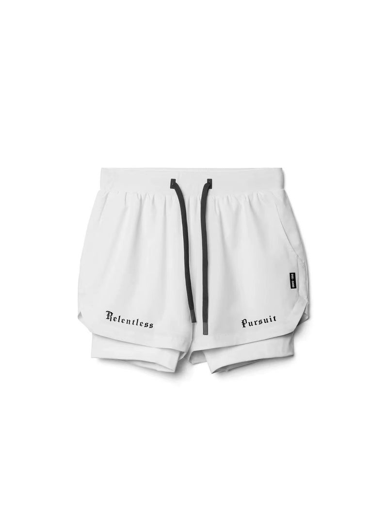 Double Layer Breathable Mens Fitness Shorts white white inside 