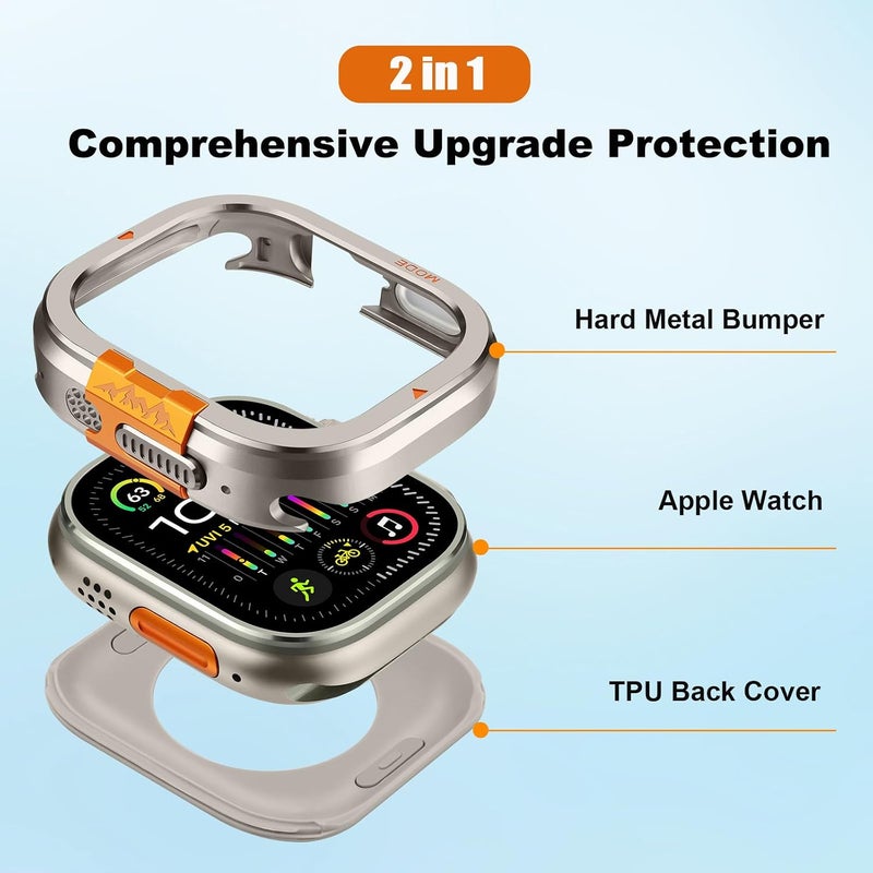 2 in-1 Metal Cover Compatible with Apple Watch Ultra 2/1 Case 49mm, Rugged Bumper with Back Protector for iWatch Ultra 49mm, Titanium - Image 2