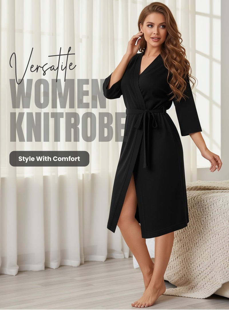 NY Threads Women's Robe Long Knit Bathrobe 3/4 Sleeves Soft Kimono Lightweight Loungewear, X-Large, Black - Image 5