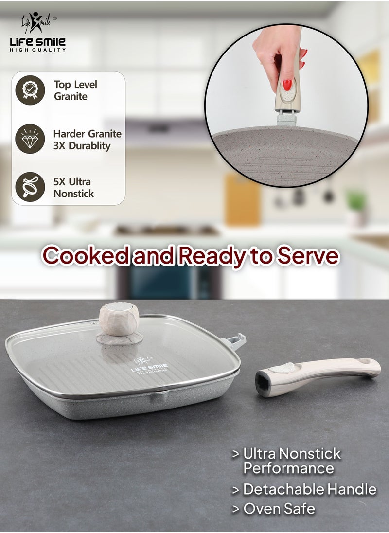 Life Smile - Grill pan Non-stick Granite Coating with lid | Oven Safe | versatile grill pan with drop opening with detachable handle, Skillet for large cooking surface, PFOA free (28 CM, Light Grey) - Image 1