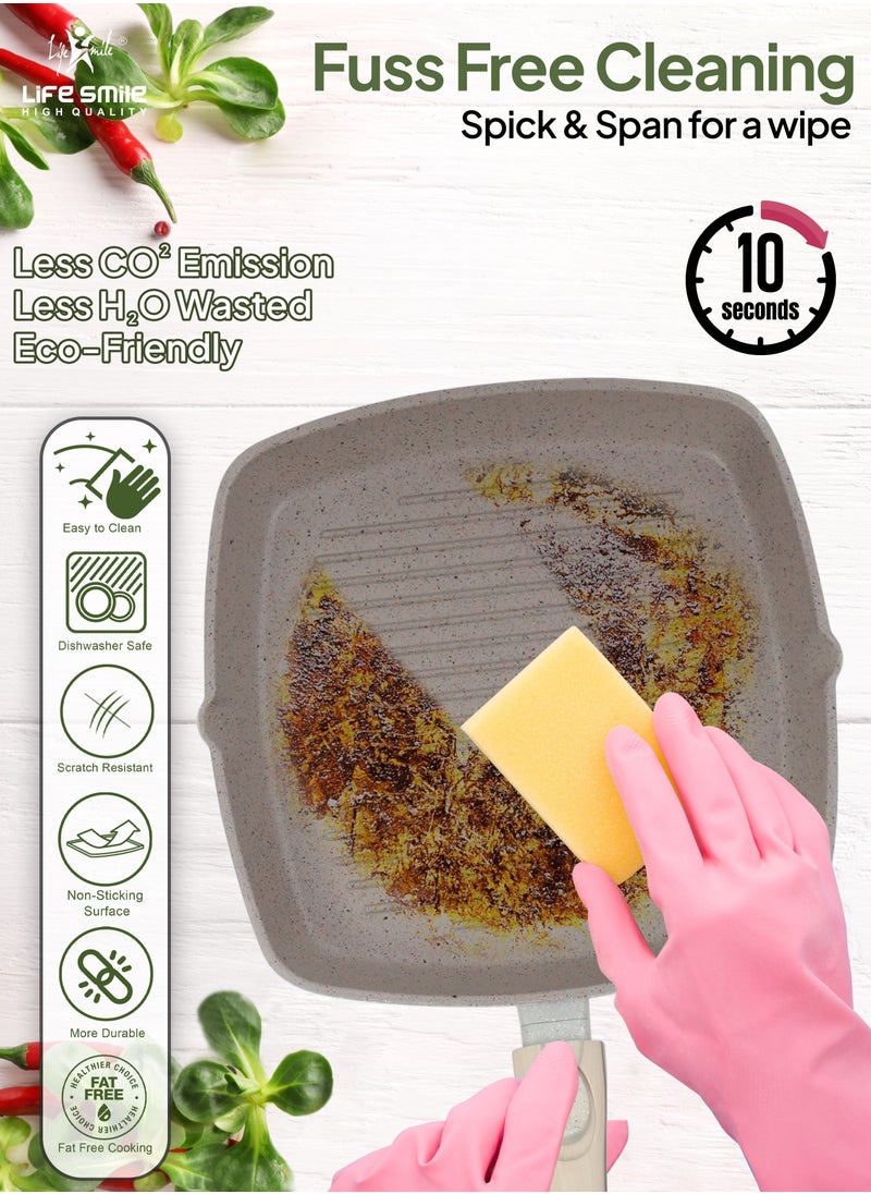 Life Smile - Grill pan Non-stick Granite Coating with lid | Oven Safe | versatile grill pan with drop opening with detachable handle, Skillet for large cooking surface, PFOA free (28 CM, Light Grey) - Image 1
