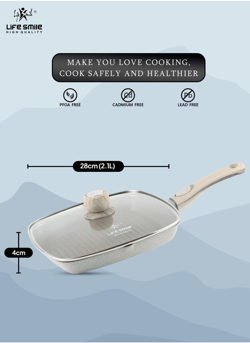 Life Smile - Grill pan Non-stick Granite Coating with lid | Oven Safe | versatile grill pan with drop opening with detachable handle, Skillet for large cooking surface, PFOA free (28 CM, Light Grey) - Image 1