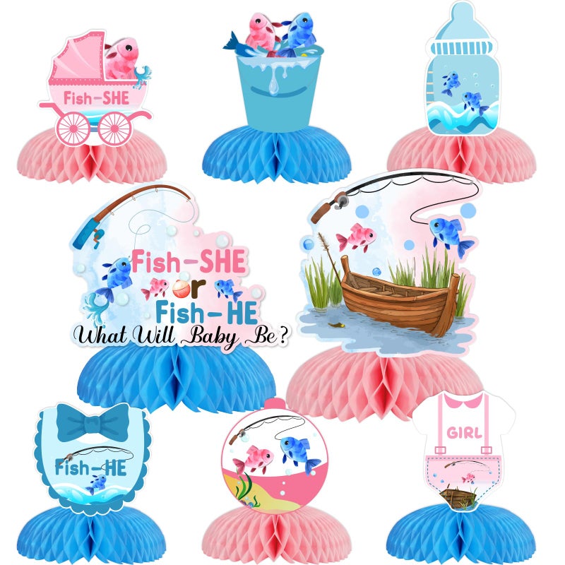 Fangleland 8Pcs Gender Reveal Honeycomb Centerpieces Fish He or Fish She Gender Reveal Decorations Baby Shower 3D Table Decorations Blue Pink Boy or Girl Gender Reveal Party Decor - Image 3