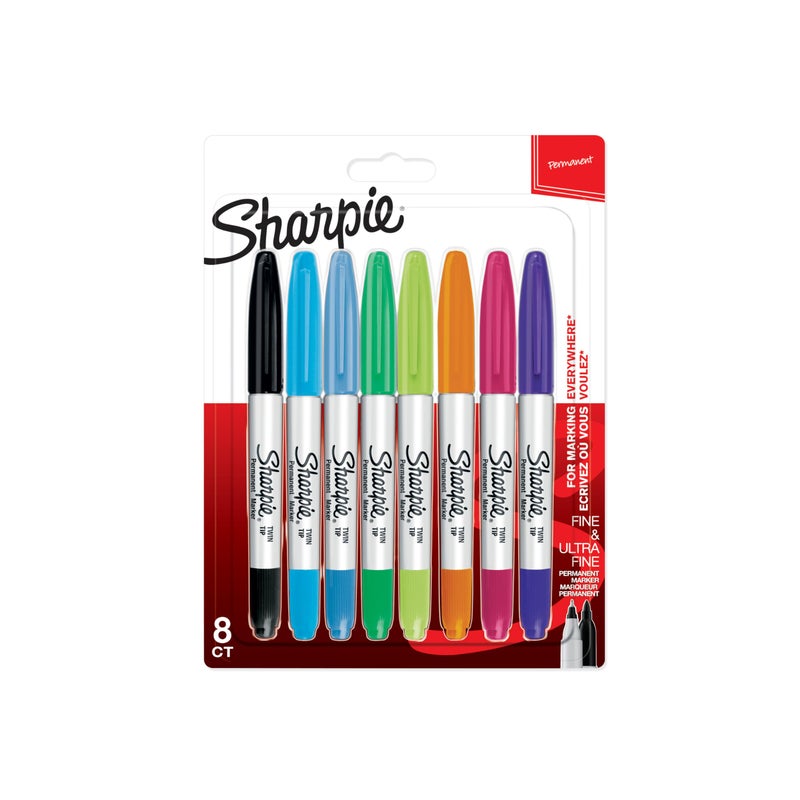 Sharpie Twin Tip Permanent Markers | Fine & Ultra-Fine Points | Assorted Colours | 8 Count - Image 1