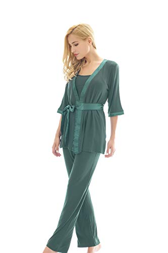 Bearsland Maternity Women's 3 Pieces Soft Nursing Pajamas Set Postpartum Sleepwear for Breastfeeding Green - Image 3