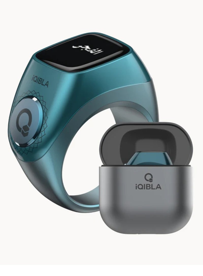 iQIBLA Smart Tasbih Zikr Ring 0.42" Wide Display Powerful Battery Backup OLED Display F04 Flex Pro Smart Ring App Operated Tasbih Counter IP67 Waterproof iQibla Smart Zikr Ring Compatible Three Sizes 18MM, 20MM, 22MM With Charging Case Aluminium Alloy iQibla Zikr Ring Blue - Image 1