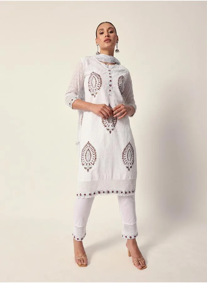 آي شين Women's White Cotton Textured Tunic Full Palazzo Regular Fit Kurta Set